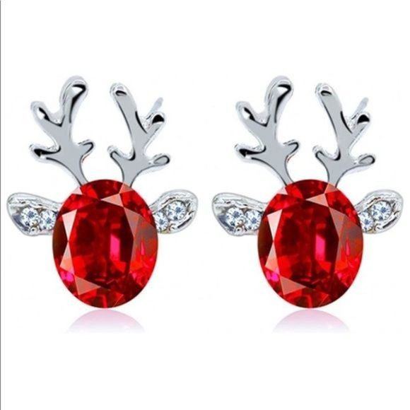 Aposhstyle Jewelry - Reindeer Red & Silver Crystal Stud Christmas Earrings Holiday Nwt